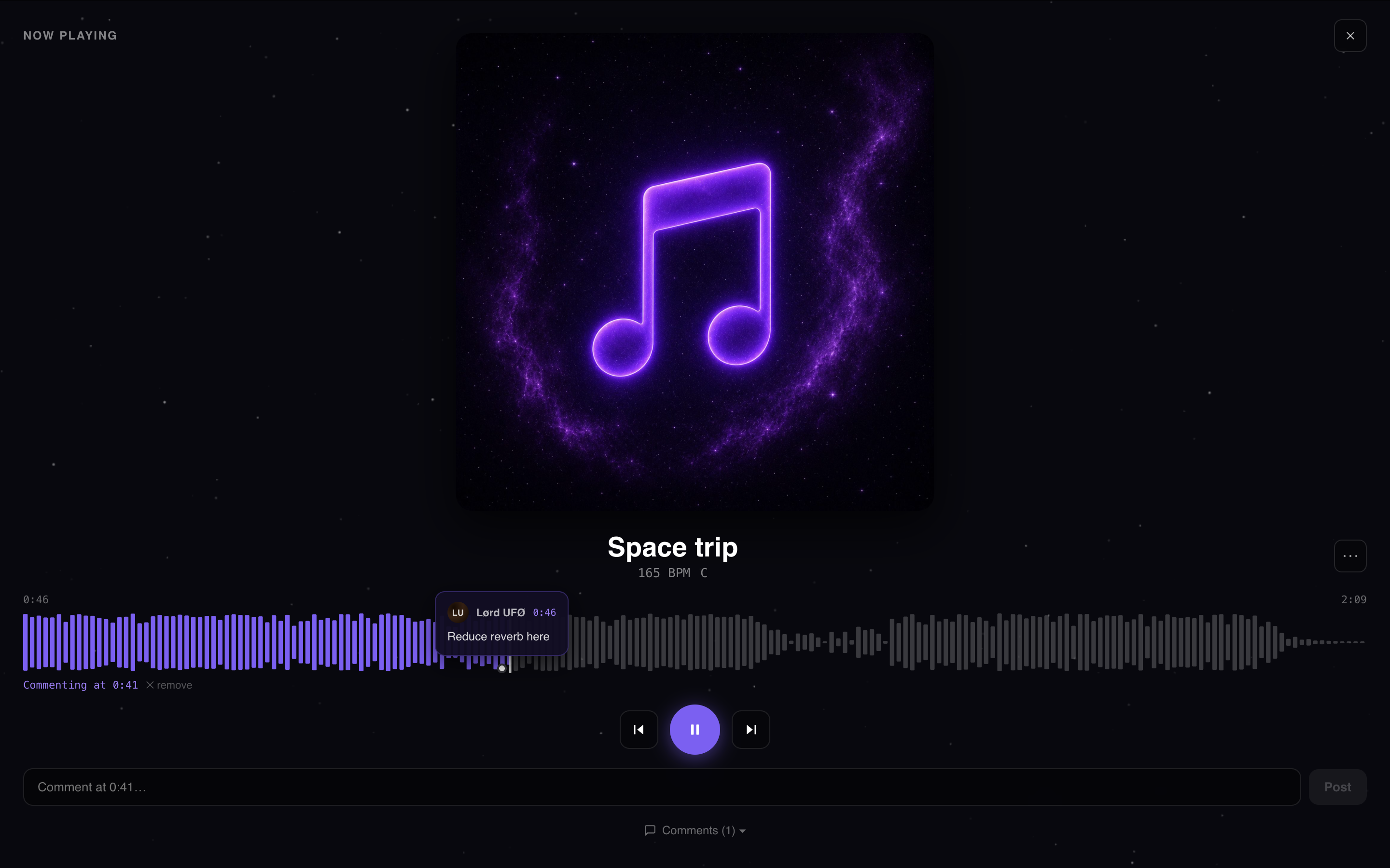 The Uforiya audio player showing waveform playback with a comment pinned to a timestamp
