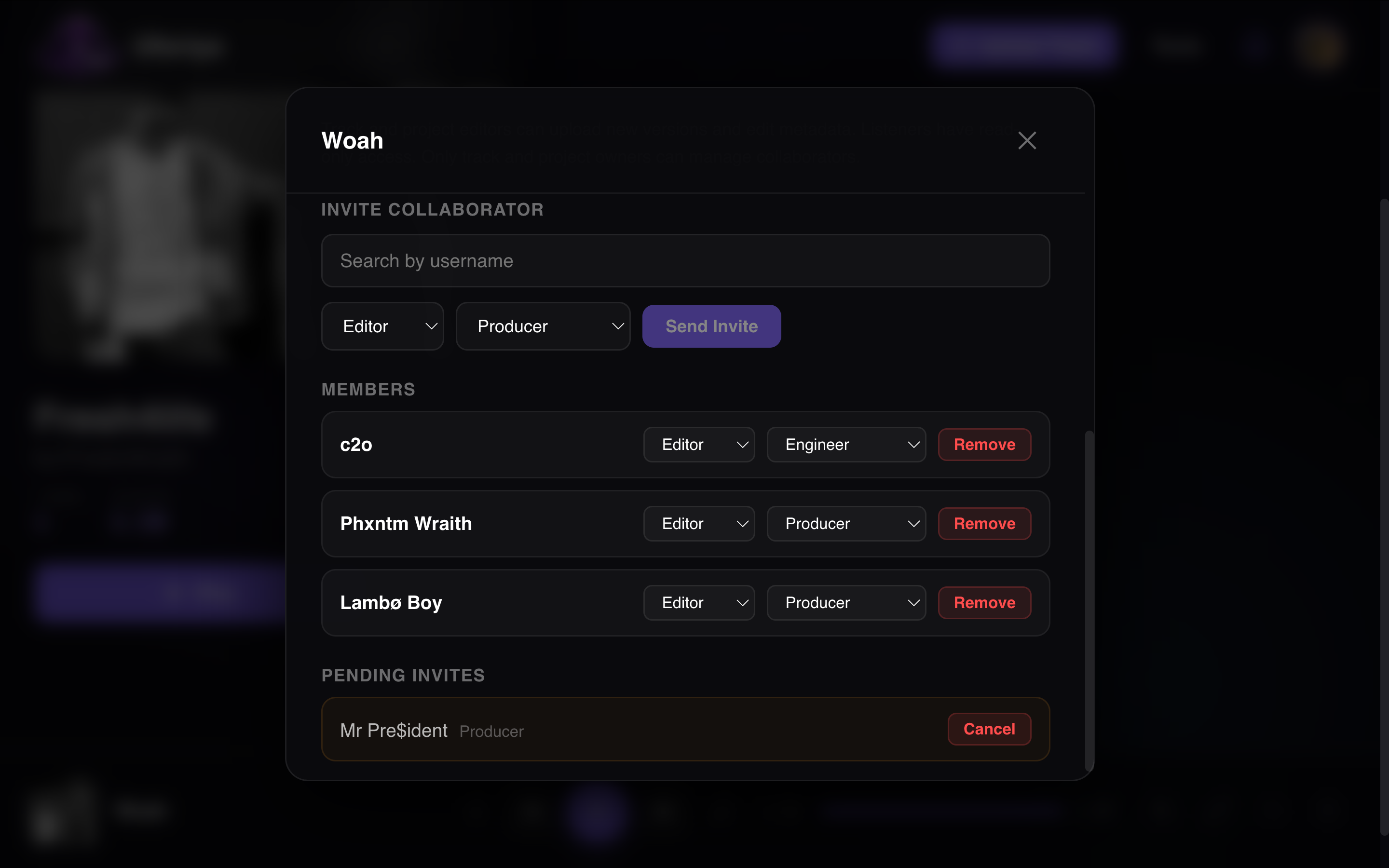 The Uforiya access panel for a track, inviting a collaborator by username and listing members with their role, credit and a pending invite