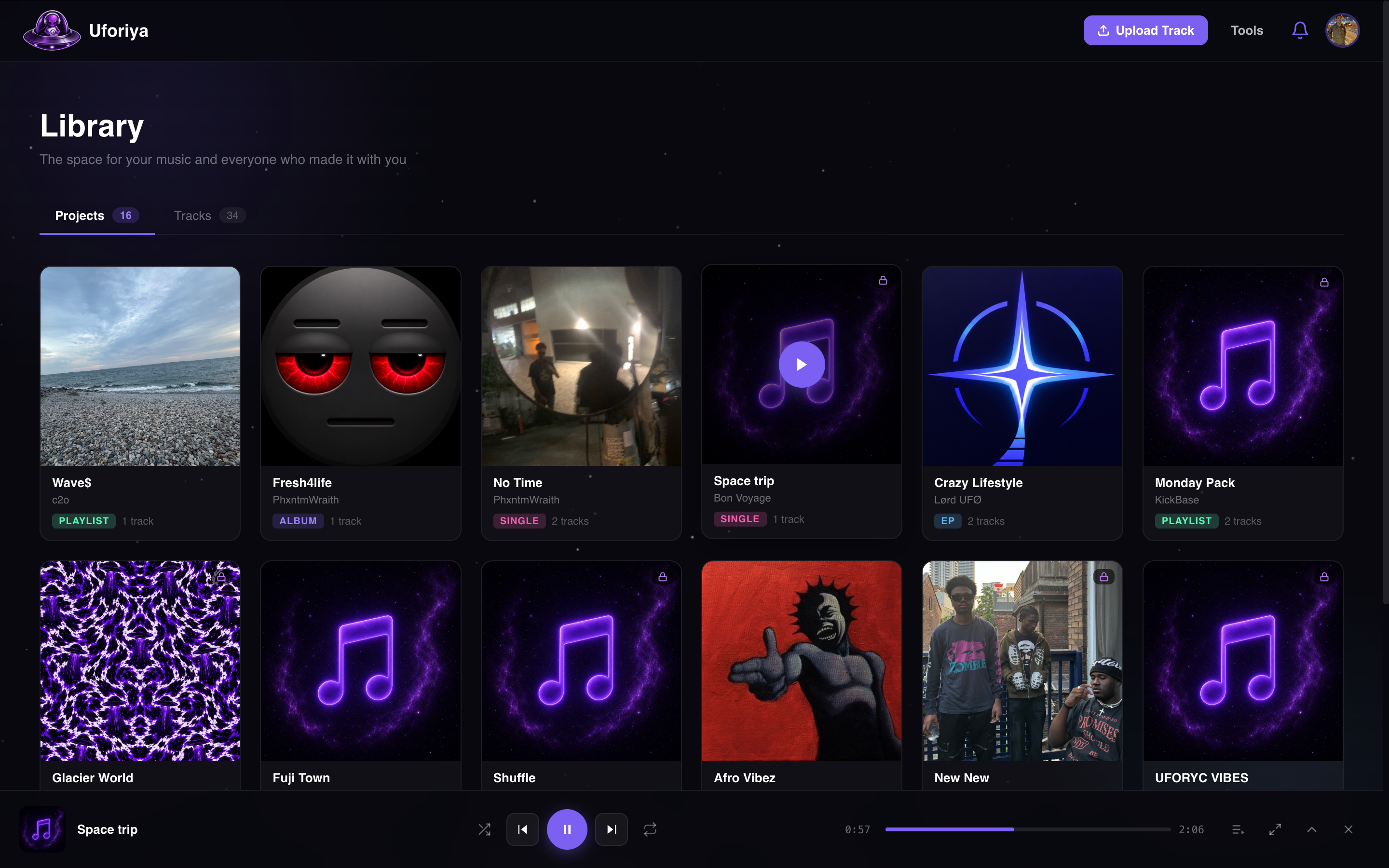 The Uforiya library on the Projects tab, showing 16 projects as cover art cards labelled single, EP, album or playlist