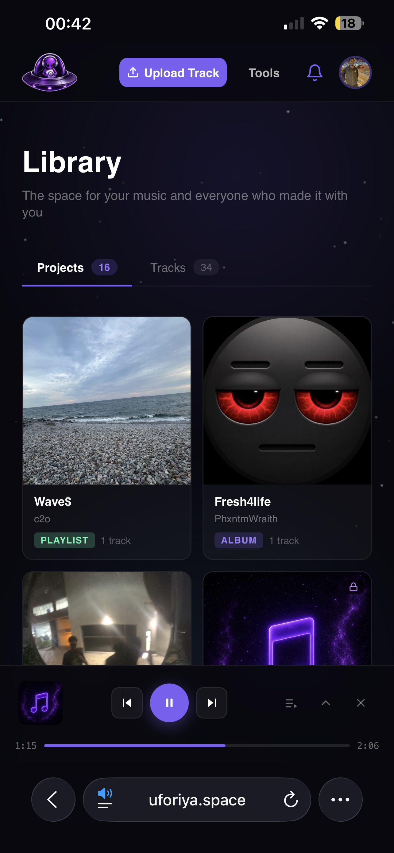 The Uforiya library on a phone, Projects tab, showing project cover cards labelled playlist and album
