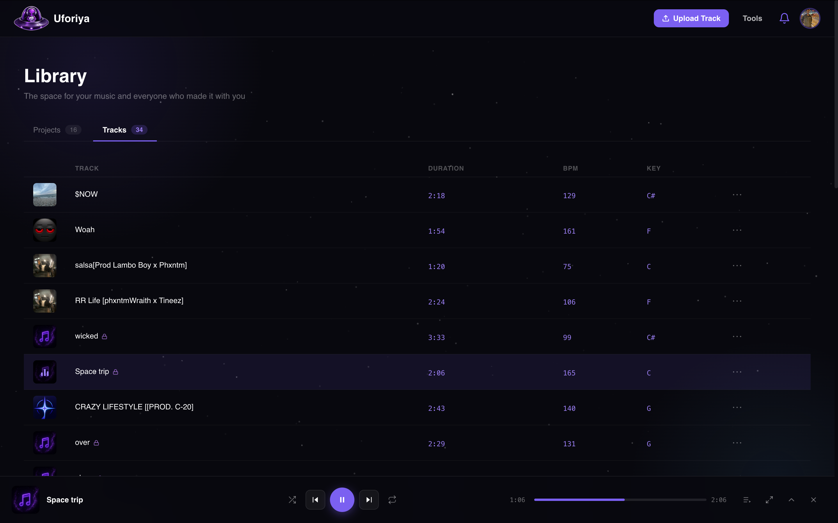 The Uforiya library on the Tracks tab, listing 34 tracks with duration, BPM and musical key in columns
