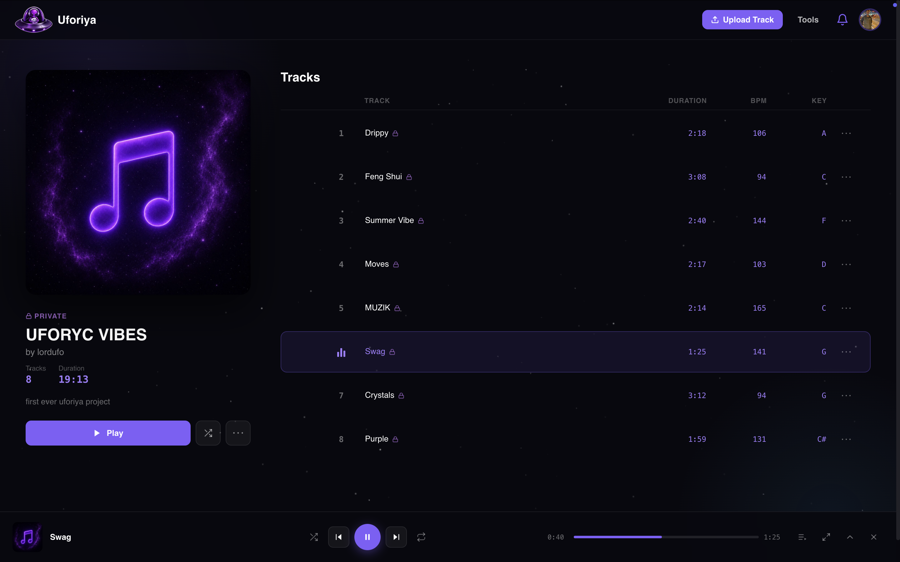 A Uforiya project page listing its tracks with duration, BPM and musical key