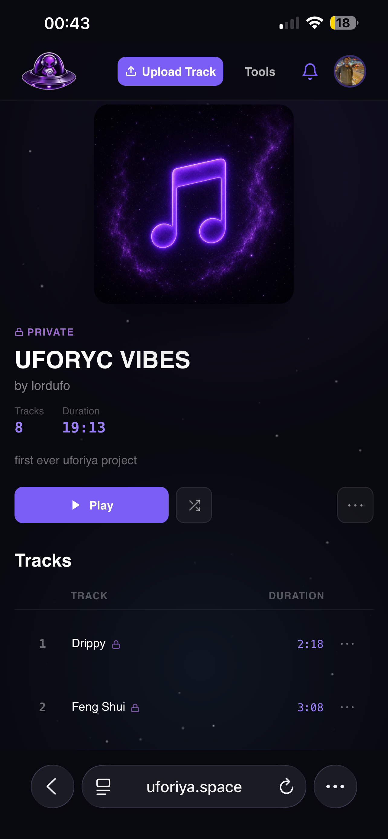 A private Uforiya project on a phone, showing cover art, track count, total duration and the track list