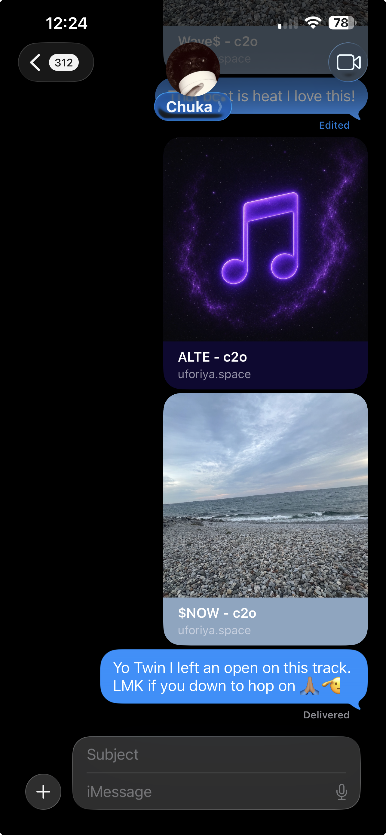 Two Uforiya track links in a message thread, each showing its cover art, title and artist