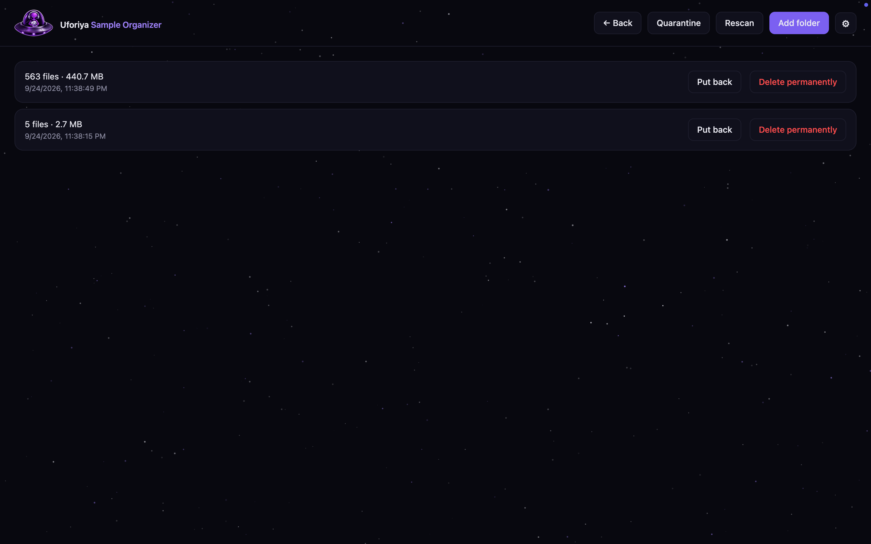 The quarantine tab listing two staged batches with put back and delete permanently buttons