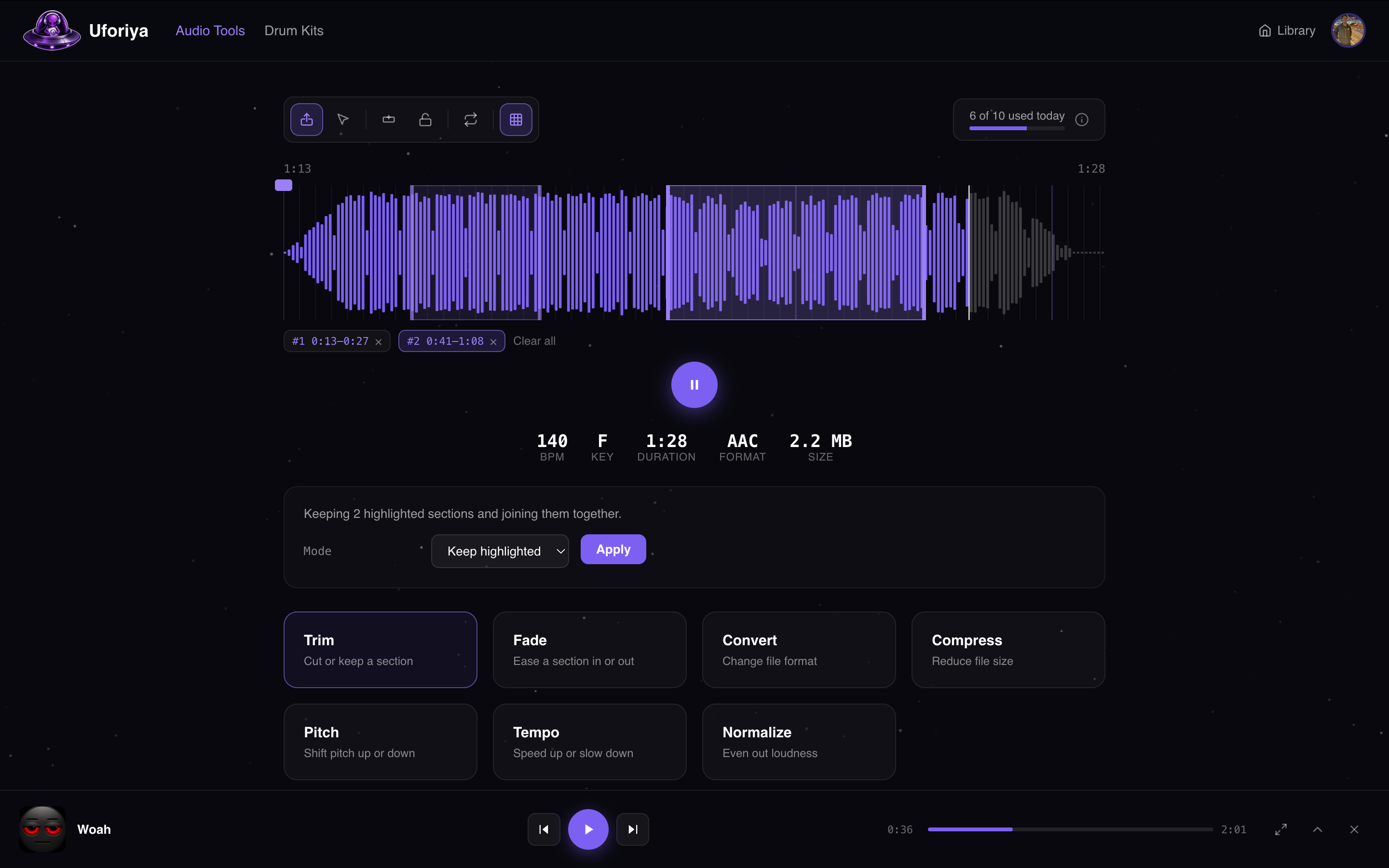 The Uforiya audio tools page: a waveform with two highlighted sections and buttons for trim, fade, convert, compress, pitch, tempo and normalize