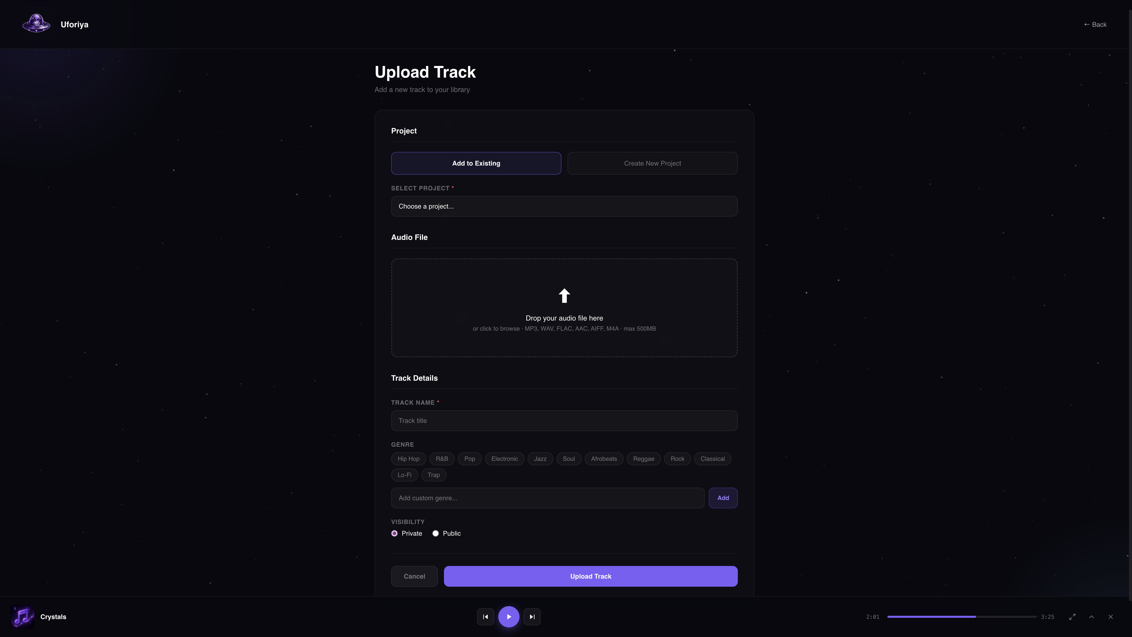 The Uforiya upload page with project selection, audio file and track details