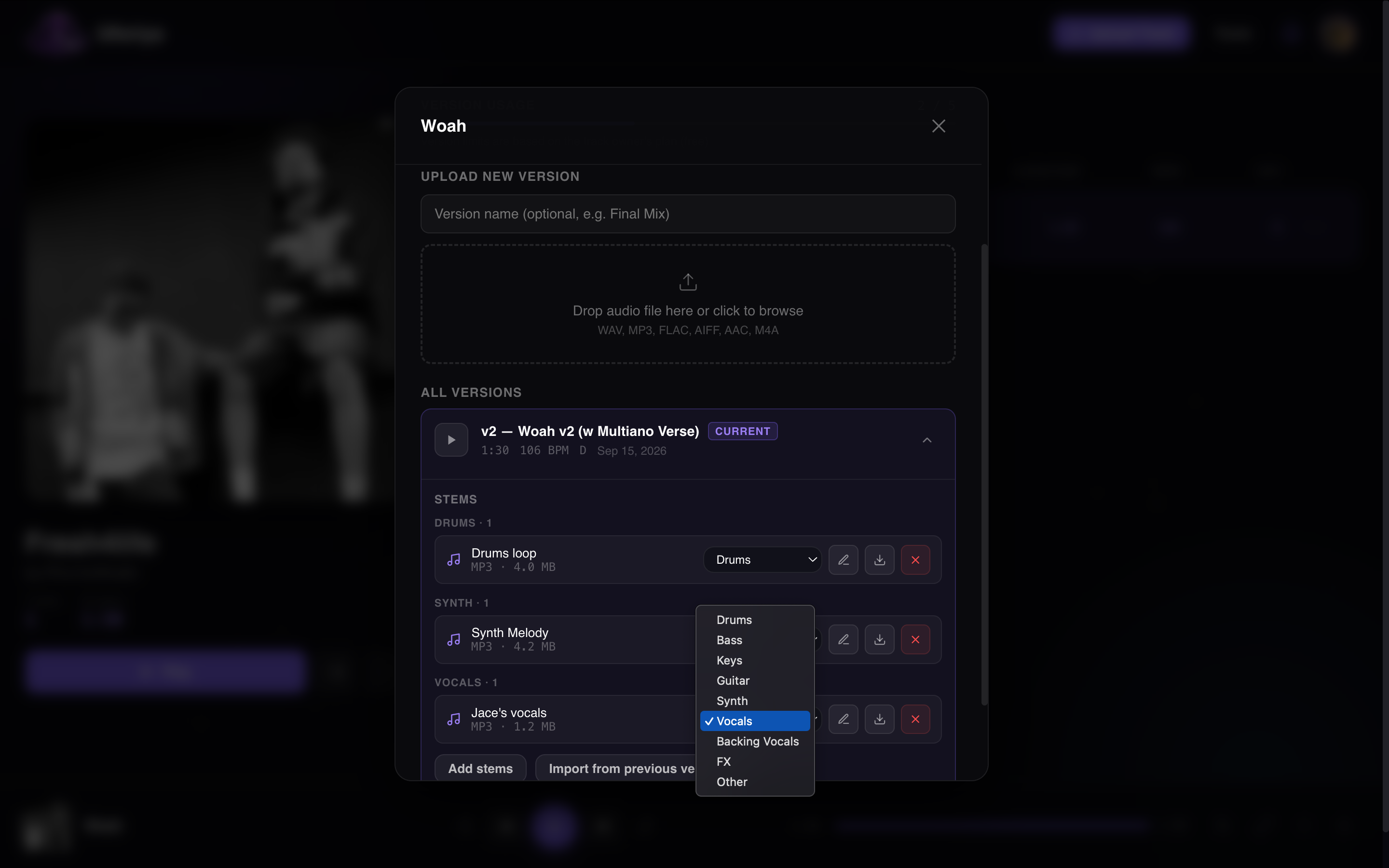 The Uforiya versions panel for a track, with the current version expanded to show drums, synth and vocal stems and an earlier version below it